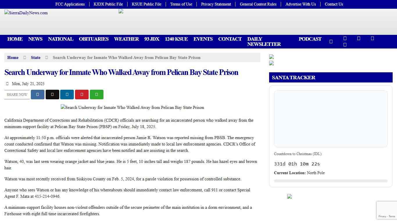 Search Underway for Inmate Who Walked Away from Pelican Bay State Prison - SierraDailyNews.com